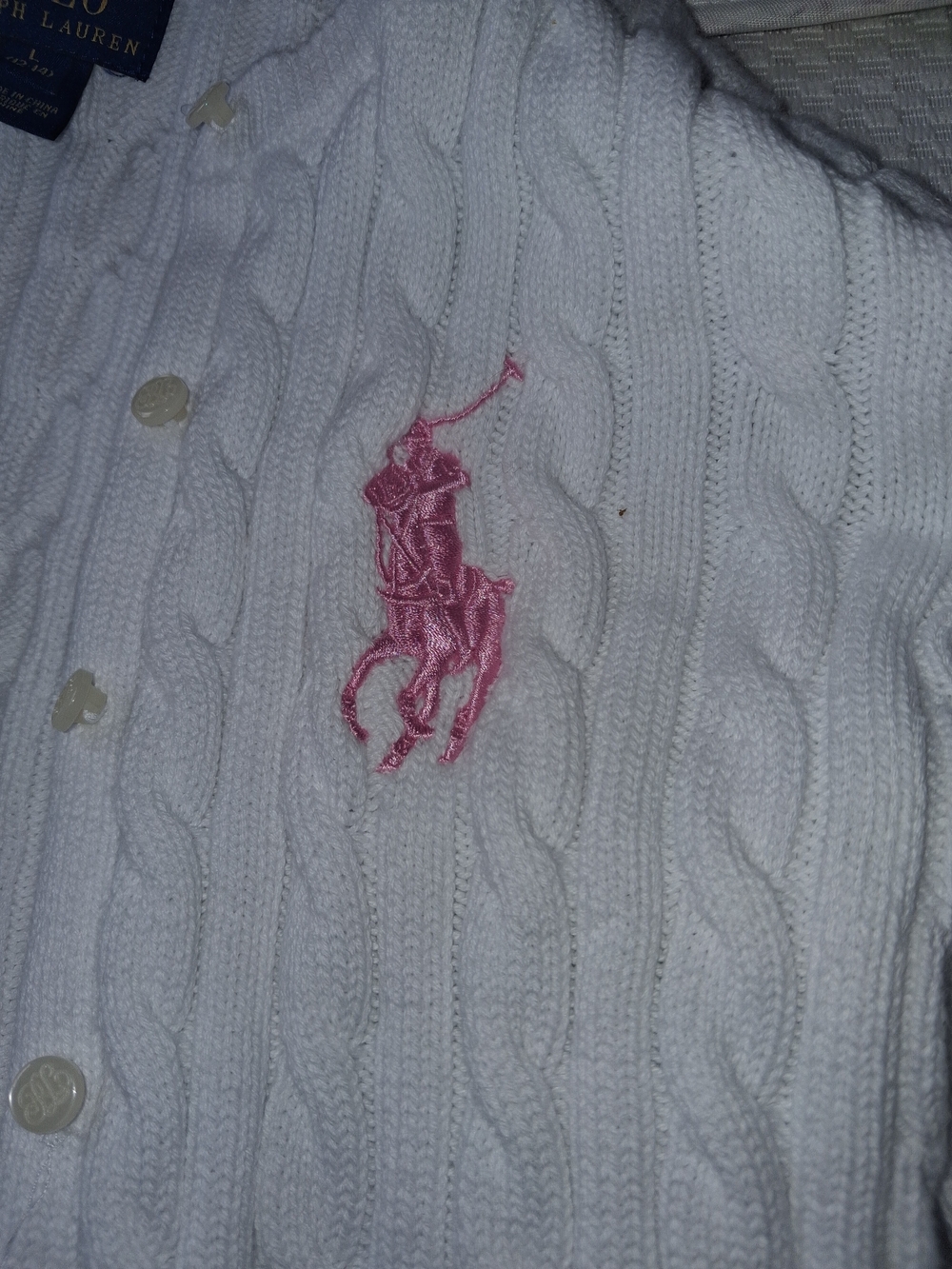 Ralph Lauren White Cable-Knit Ruffle Cardigan with Pink Pony - Girls - Picture 8 of 8